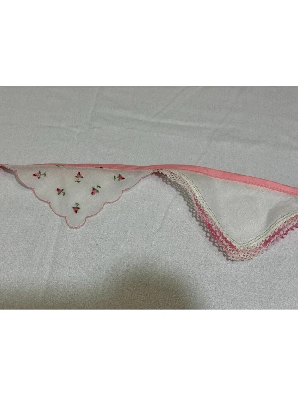 Vtg Pink Handkerchief Bunting Garland Hankie Banner Handmade Flowers Floral Rose